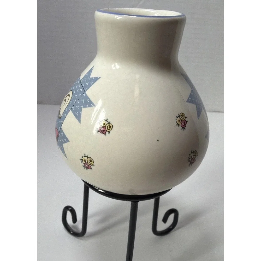 Small Rooster on an Arrow Bud Vase Blue Quilted Design With Flower Cottagecore